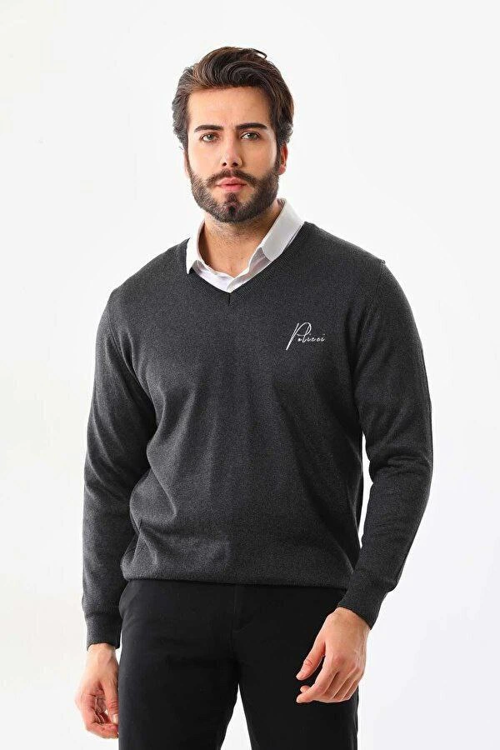 VF-Baskılı V Yaka Uzun Kol Dokuma Triko - Füme -