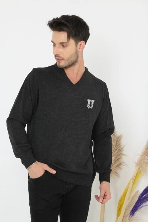 VF-Baskılı V Yaka Uzun Kol Dokuma Triko - Füme -