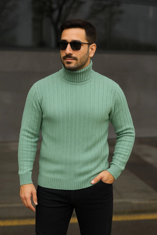 VF-Balıkcı Yaka Bağazlı Triko Kazak Pamuklu Kalın Fitilli Dokuma, Regular Fit Uzun Kollu Kışlık Model - Mint Yeşili