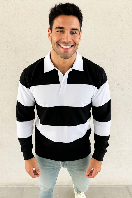 VF-Polo Yaka Uzun Kollu Çizgili Sweatshirt Trend Rugby Stil - Siyah