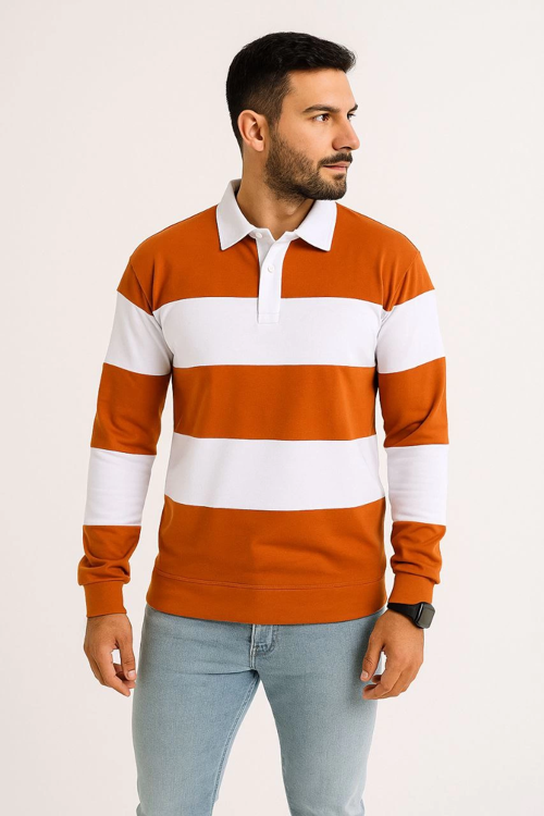 VF-Polo Yaka Uzun Kollu Çizgili Sweatshirt Trend Rugby Stil - Turuncu
