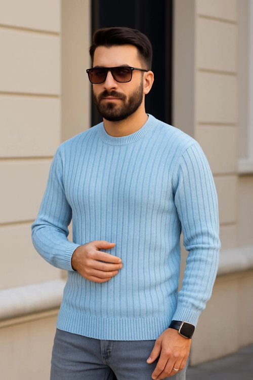 VF-Bisiklet Yuvarlak Yaka Triko Kazak Pamuklu Kalın Fitilli Dokuma, Regular Fit Uzun Kollu Kışlık Model - Bebe Mavisi