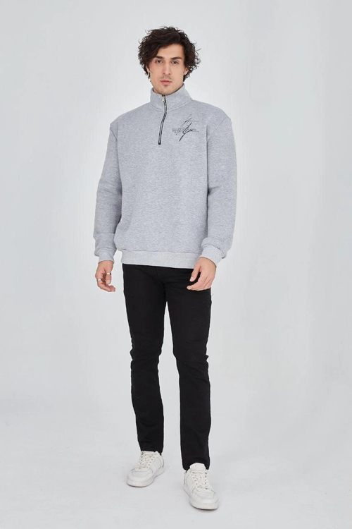VF-Yarım Fermuarlı Baskılı Sweat - Gri -