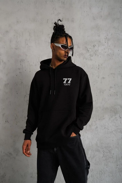 VF-Kapşonlu Baskılı Sweetshirt - Siyah -