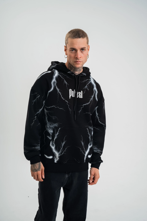 VF-Double Oversize Kapşonlu Şimşek Pano Baskılı SweatShirt - Siyah -