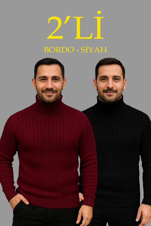 VF-Erkek Fitilli Triko Kazak 2'li Set Bordo Siyah Regular Balıkcı Yaka Tam Boğazlı Triko Seti Modeli Kazak