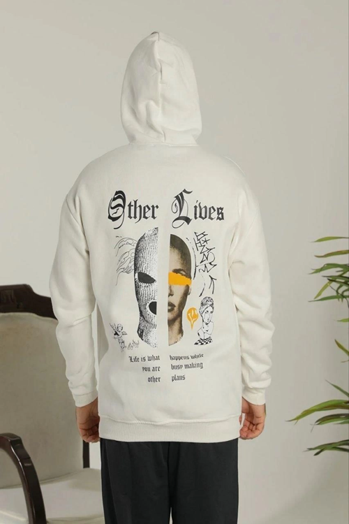 VF-Kapşonlu Sweatshirt – Oversize “Other Lives” Ön Arka Baskılı,- Beyaz -