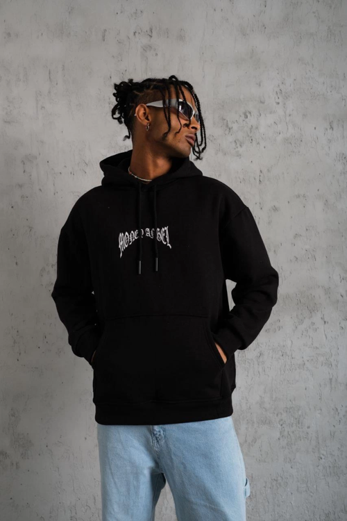 VF-Kordon İpli Baskılı Kapüşonlu Sweatshirt - Siyah -