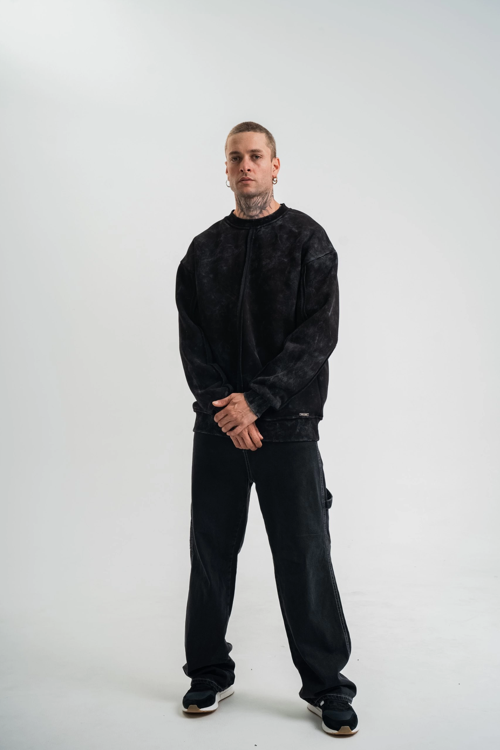 VF-Bisiklet Yaka Özel Pis Dikişli Yıkamalı SweatShirt - Siyah -