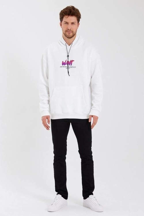 VF-Baskılı Üç İplik Kapüşonlu Oversize Sweatshirt - Beyaz -