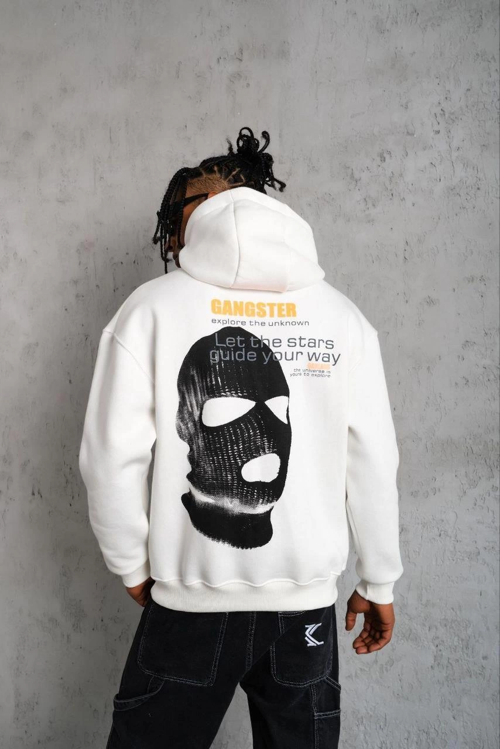 VF-Kordonlu Maske Baskılı Kapüşonlu Sweat - Beyaz -
