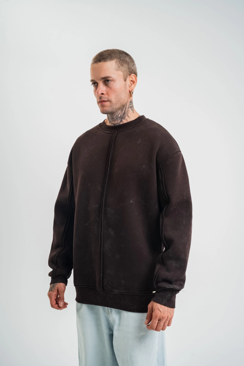 VF-Bisiklet Yaka Özel Pis Dikişli Yıkamalı SweatShirt - Kahve -