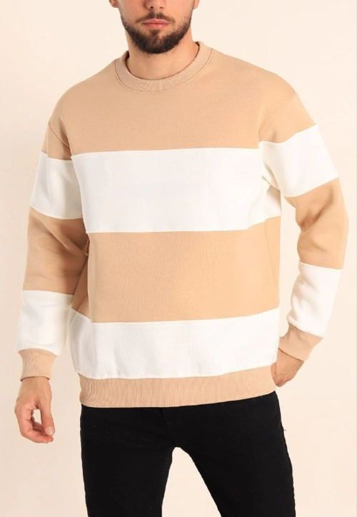 VF-Parçalı Bisiklet Yaka Baskılı SweatShirt - Bej -