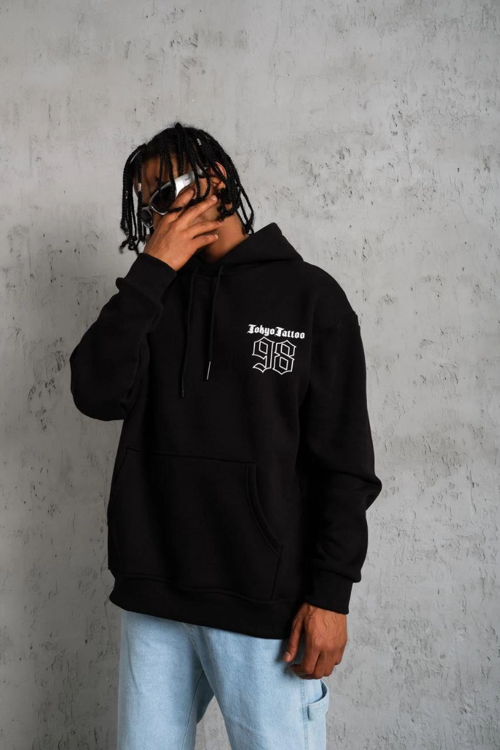 VF-98 Baskılı Kapşonlu Sweat - Siyah -
