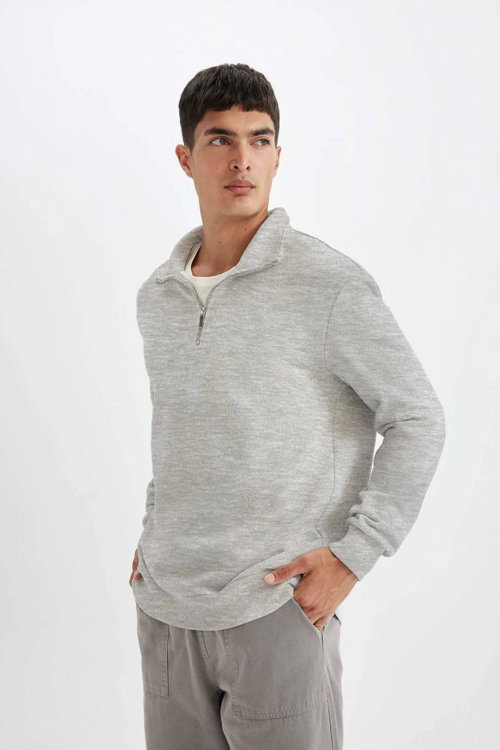 VF-Uzun Kol Yarım Farmuarlı Yakalı Basic SweatShirt - Gri -