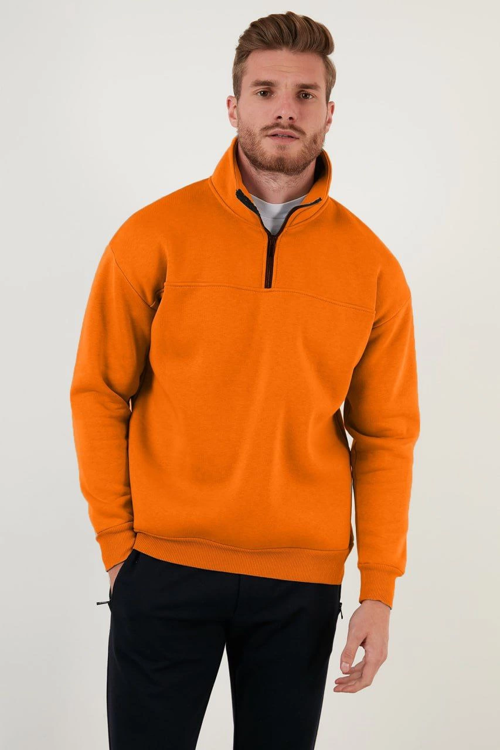 VF-Oversize Yarım Farmuarlı Yakalı Basic SweatShirt - Turuncu -