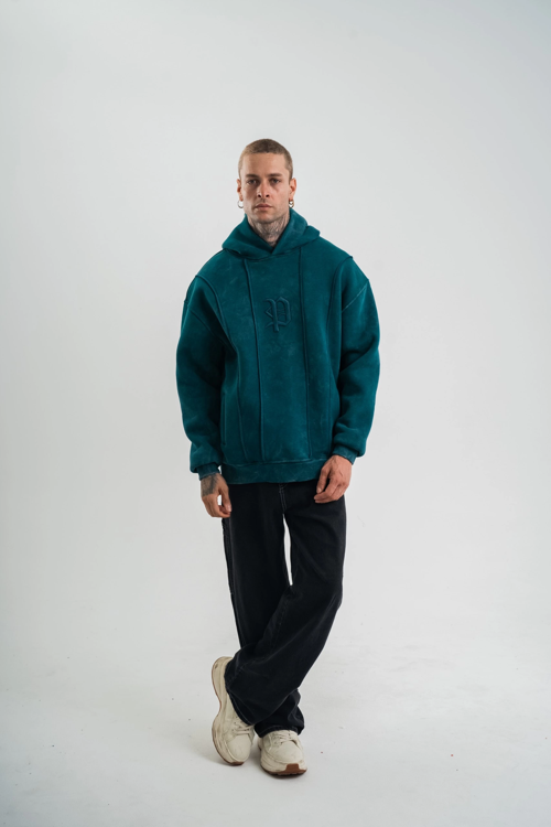 VF-Uzun Kol Kapşonlu Yıkamalı Nakışlı SweatShirt - Koyu Deniz Yeşili -