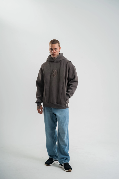 VF-Uzun Kol Kapşonlu Yıkamalı Nakışlı SweatShirt - Füme -