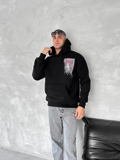 VF-Uzun Kol Kapüşonlu Ön Ve Arka Baskılı SweatShirt - Siyah -