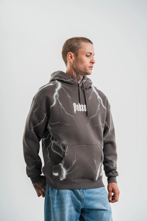 VF-Double Oversize Kapşonlu Şimşek Pano Baskılı SweatShirt - Füme -