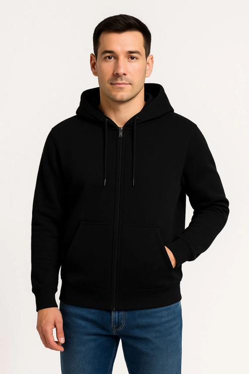 VF-Üç İplik Kapüşonlu Tam Fermuarlı Kanguru Çepli SweatShirt Hoodie - Siyah -