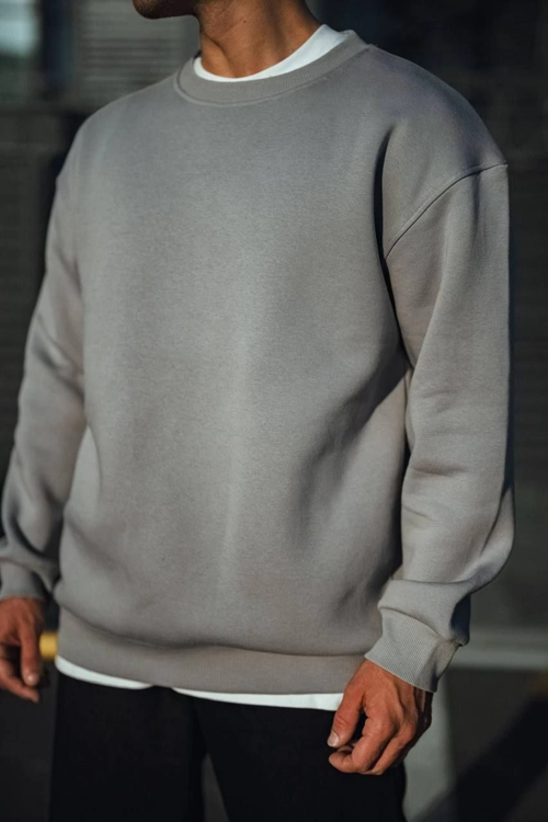 VF-Kışlık Bisiklet Yaka Üç İplik Basic SweatShirt - Boyalı Gri -