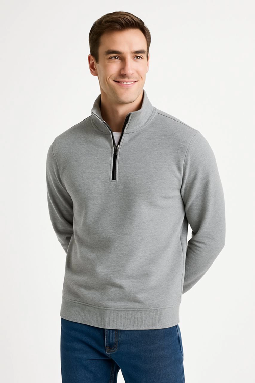 VF-Dik Yaka Sweatshirt Dik Yaka Yarım Fermuarlı 3 İplik Şardonlu Pamuk Kumaş - Gri -