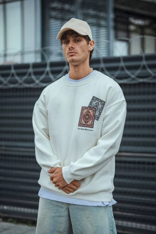 VF-Uzun Kol Bisiklet Yaka Baskılı SweatShirt - Beyaz -