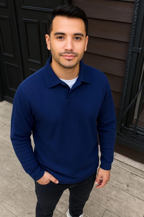 VF-Fitilli Polar Sweatshirt – Düğmesiz Polo Yaka, Oversize Rahat Kalıp, Kalın Polar Kumaş, Kışlık ve Baharlık Şık Günlük Üst - Lacivert