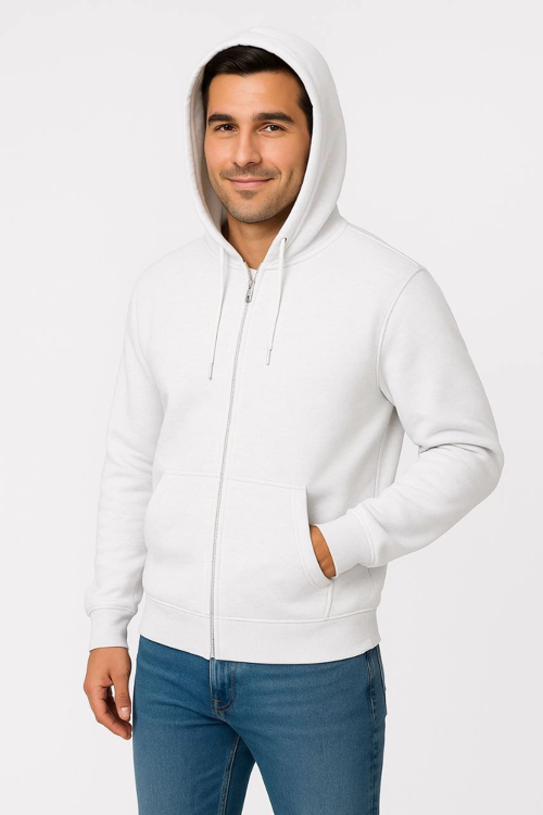 VF-Üç İplik Kapüşonlu Tam Fermuarlı Kanguru Cepli SweatShirt Hoodie - Beyaz -