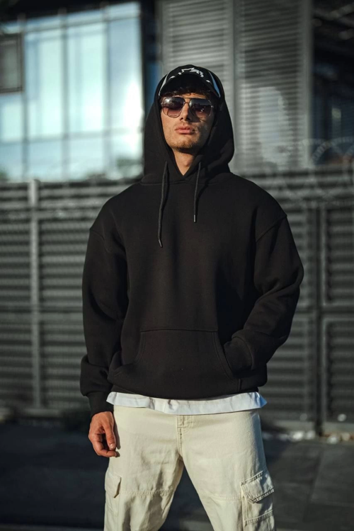 VF-Üç İplik Penye Kapşonlu Basic SweatShirt - Siyah -