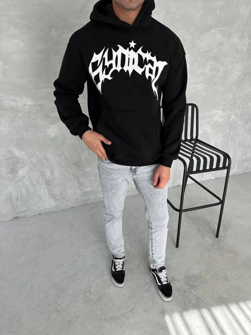 VF-Üç İplik Kapüşonlu Baskılı SweatShirt - Siyah -