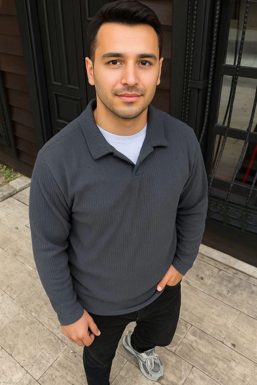 VF-Fitilli Polar Sweatshirt – Düğmesiz Polo Yaka, Oversize Rahat Kalıp, Kalın Polar Kumaş, Kışlık ve Baharlık Şık Günlük Üst - Füme