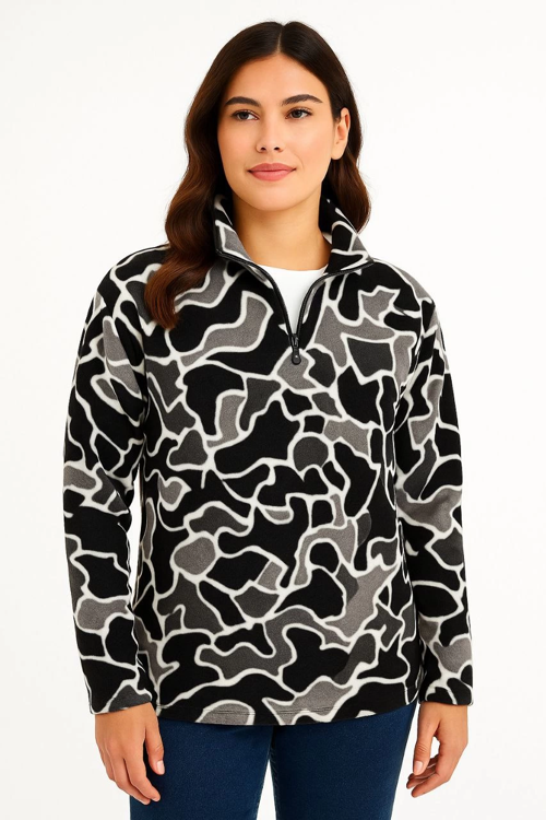 VF-Yarım Fermuarlı Desenli Polar Sweat Yakalı, Uzun Kollu, Oversize Rahat Kalıp - Siyah -
