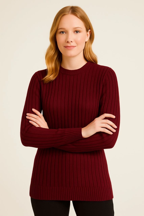 VF-Bisiklet Yuvarlak Yaka Triko Kazak Pamuklu Kalın Fitilli Dokuma, Regular Fit Uzun Kollu Kışlık Model - Bordo