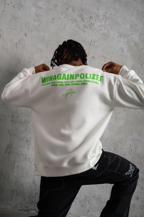 VF-Oversize Sweatshirt – Beyaz Renk | Ön ve Sırt Baskılı, Üç İplik İçi Pamuklu Kumaş, Rahat Kalıp, Ribanalı Kışlık Sweat | Winagain Polizei Serisi - Beyaz