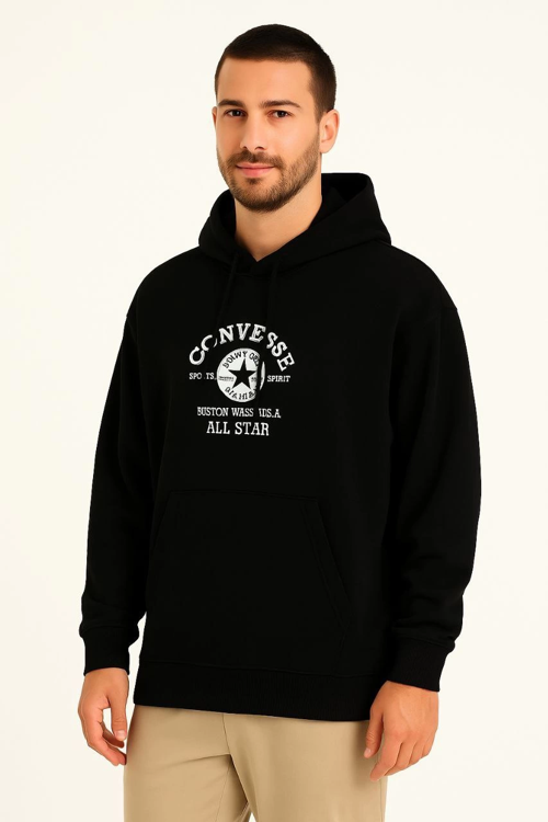 VF-Kapşonlu Sweatshirt Ön Arka Baskılı Siyah -