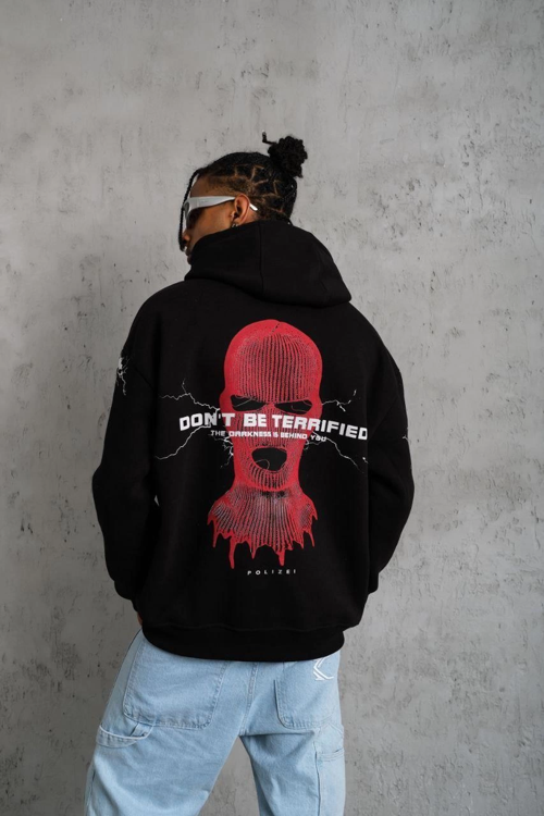 VF-Oversize Üç İplik Kapüşonlu Sweatshirt – Siyah “Don’t Be Terrified” Ön, Sırt ve Kol Baskılı, Kanguru Cepli, Ribanalı Rahat Model- Siyah -