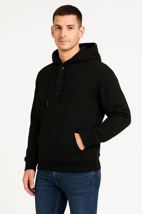 VF-Ovarsize Kapüşonlu sweatshirt Kanguru Çepli Cıtcıtlı 3 iplik Şardonlu Hoodie - Siyah -