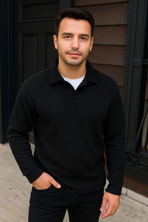 VF-Fitilli Polar Sweatshirt – Düğmesiz Polo Yaka, Oversize Rahat Kalıp, Kalın Polar Kumaş, Kışlık ve Baharlık Şık Günlük Üst - Siyah