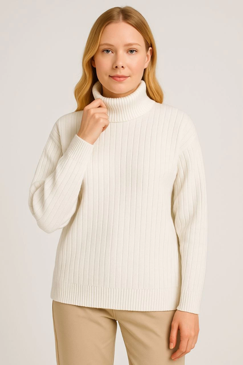 VF-Balıkcı Yaka Bağazlı Triko Kazak Pamuklu Kalın Fitilli Dokuma - Beyaz