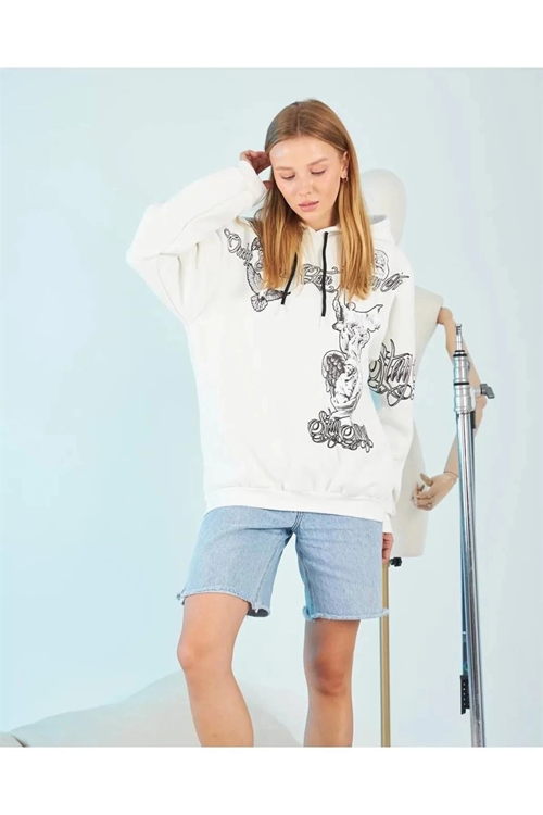 VF-Kapüşonlu Strong Heykel Baskılı Sweatshirt - Beyaz -