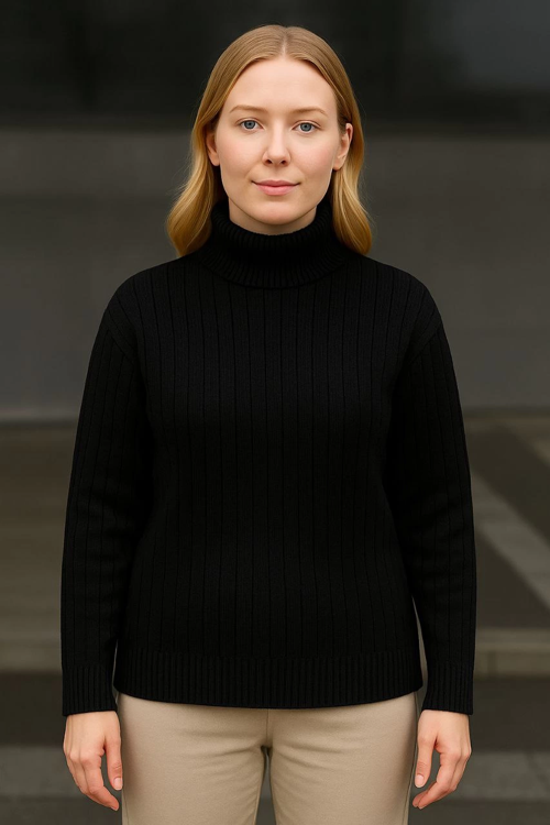 VF-Balıkcı Yaka Bağazlı Triko Kazak Pamuklu Kalın Fitilli Dokuma - Siyah