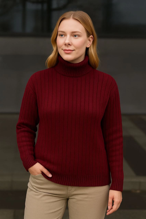 VF-Balıkcı Yaka Bağazlı Triko Kazak Pamuklu Kalın Fitilli Dokuma - Bordo