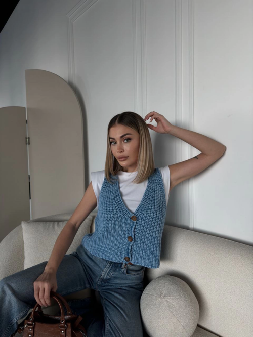 VF-Triko Kolsuz Düğmeli Yelek - Mavi -