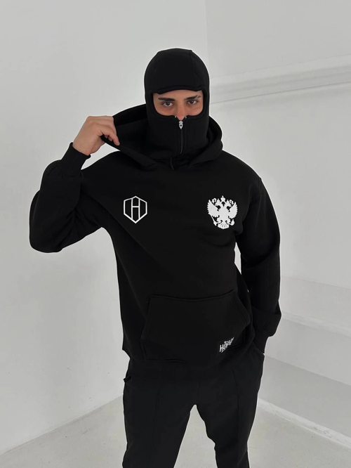 VF-Samuray Ninja Çift Kapşonlu ZIP Fermuarlı Kanguru Çepli Tam Fermuarlı Hoodie ön ve Arka Baskılı Maske Detaylı  sweatshirt - Siyah