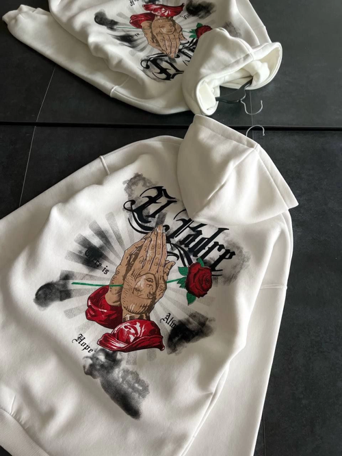 VF-Üç İplik Penye Uzun Kol Kapüşonlu Baskılı SweatShirt - Beyaz -