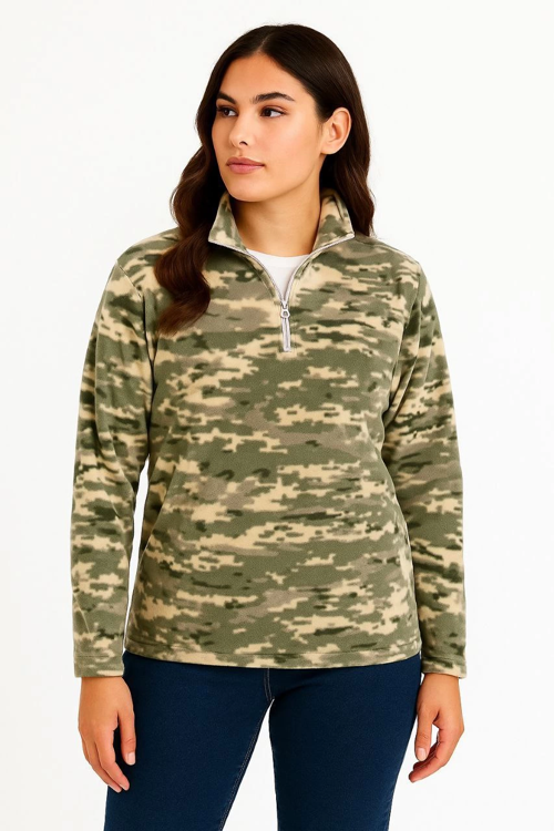 VF-Yarım Fermuarlı Desenli Polar Sweat – Haki Kamuflaj Yakalı, Uzun Kollu, Oversize Rahat Kalıp - Haki -