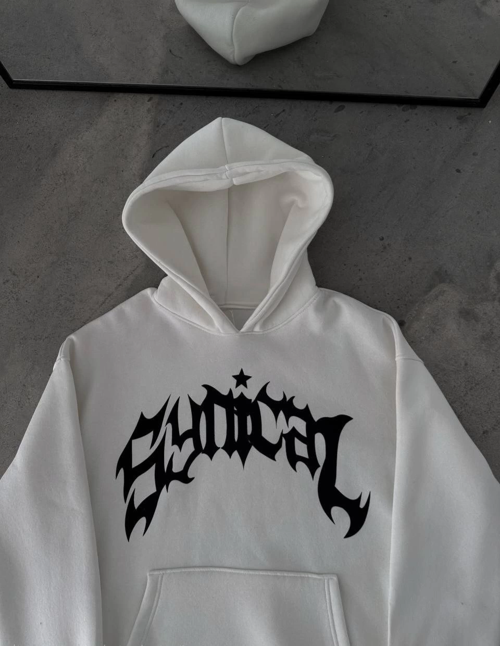 VF-Üç İplik Kapüşonlu Baskılı Oversize SweatShirt- Beyaz -
