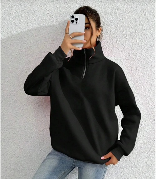 VF-Uzun Kol Yarım Farmuarlı Yakalı Basic SweatShirt - Siyah -